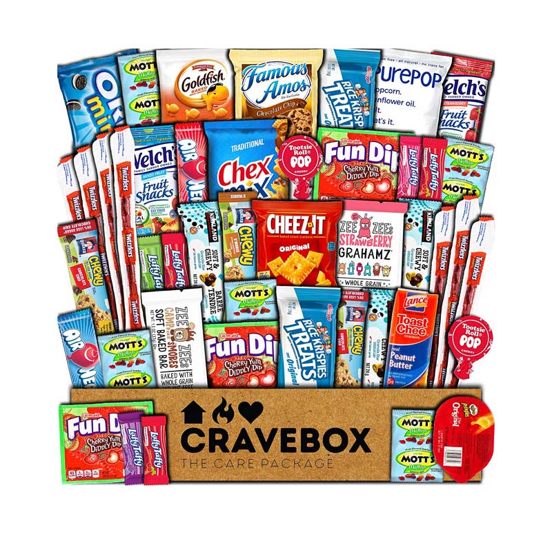 photo of many different kinds of snacks and candies in a box from crave box