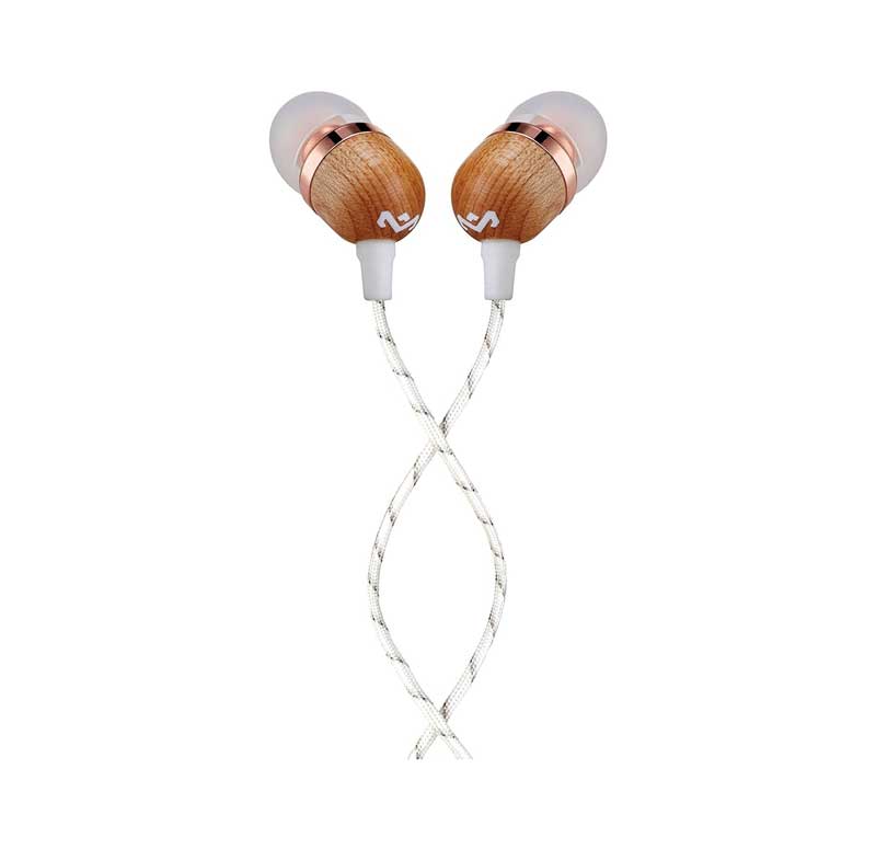 earbud style headphones from house of marley that are white with rose gold or copper trim