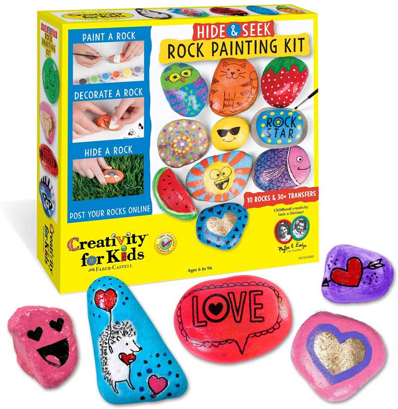 Image of a box that contains a rock painting kit and several painted rocks