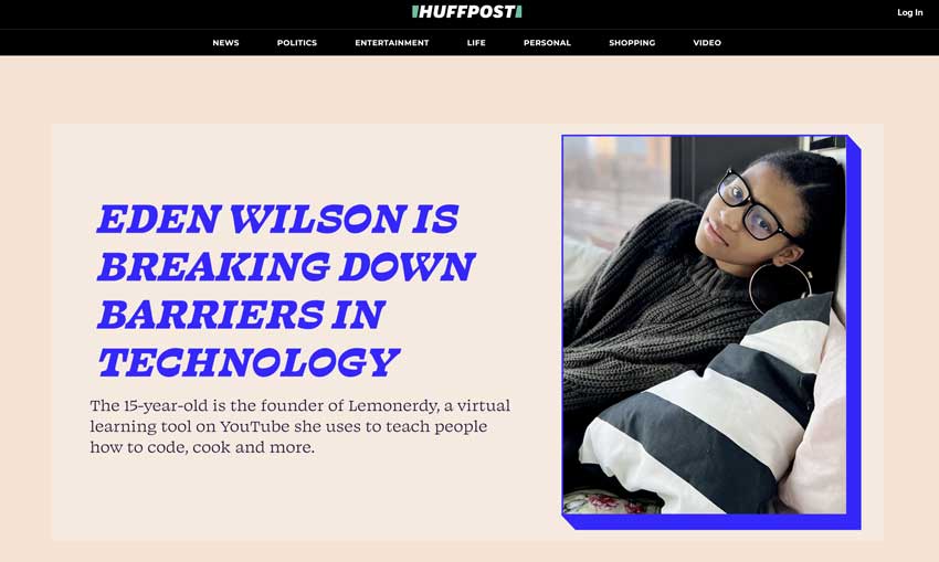 Screenshot of HuffPost article with image of Eden Wilson next to the words "Eden Wilson is breaking down barriers in technology"