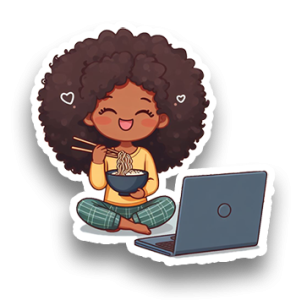 Sticker of Black girl sitting on the floor in front of her computer eating noodles from a bowl with chopsticks